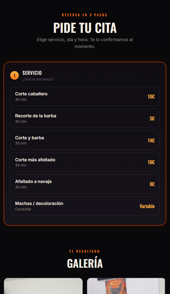 Página pública de reservas de SO Barber: selección de servicio, profesional y hora